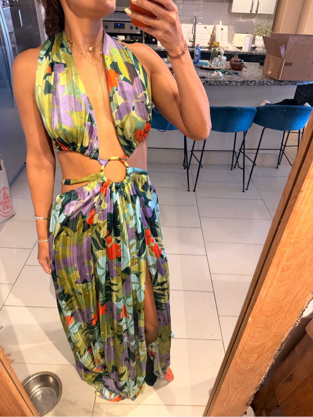 Bronx and Banco Floral Ring-Cut Maxi Dress in Green and Lilac - Picture 3 of 14